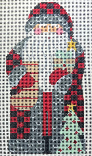 CH-1387 Father Christmas - Buffalo Plaid holding Present 3 ½ x 6 ¼  18 Mesh CH Designs