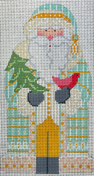 CH-1391 Father Christmas - Mint holding Tree and Cardinal 3 ½ x 6 ¼  18 Mesh CH Designs