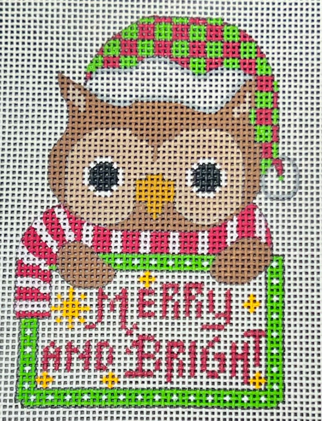 CH-1412 Owl Tag - Merry and Bright  2 ¾ x 3 ¾ 18 Mesh CH Designs