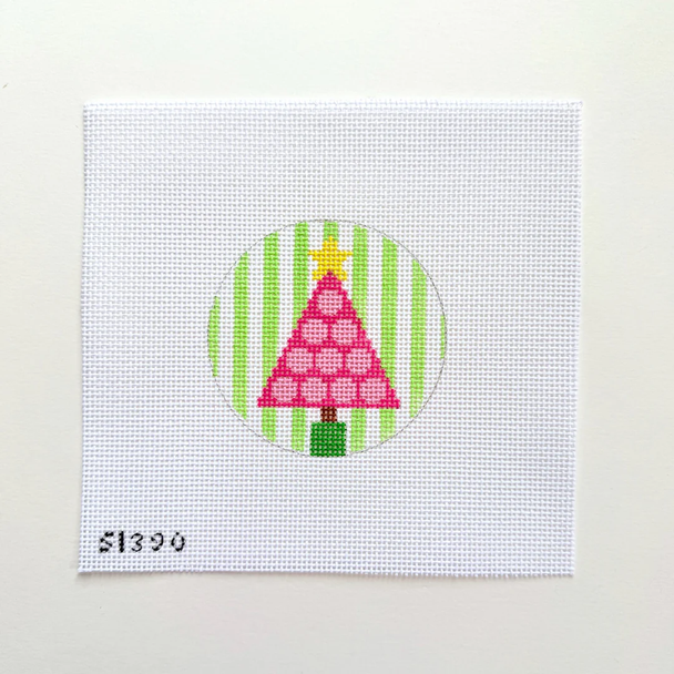 Pink Tree with Polka Dots on Stripes 3 1/2" Round 13 Mesh STITCH-ITs SI390