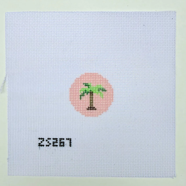 Palm Tree Key Fob Printed Canvas 1 1/2” Round 18 Mesh Ziggy Stitches