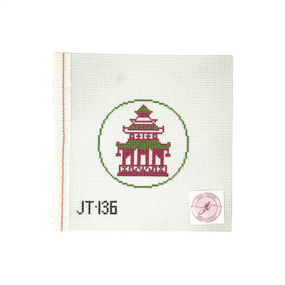 JT136 PINK/GREEN PAGODA 4" x 4 13 Mesh JUDY TASCH NEEDLEPOINT