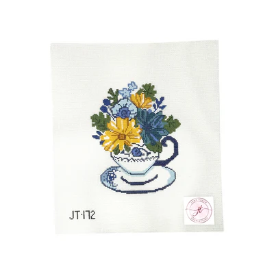 JT172 TEACUP FLORAL 6" x 4.75" 18 Mesh JUDY TASCH NEEDLEPOINT