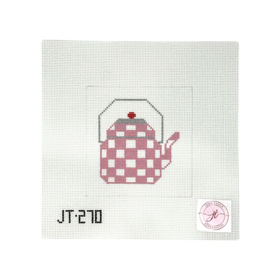 JT270 TEAPOT SQUARE - ROSE & WHITE 5" x 5" 13 Mesh JUDY TASCH NEEDLEPOINT