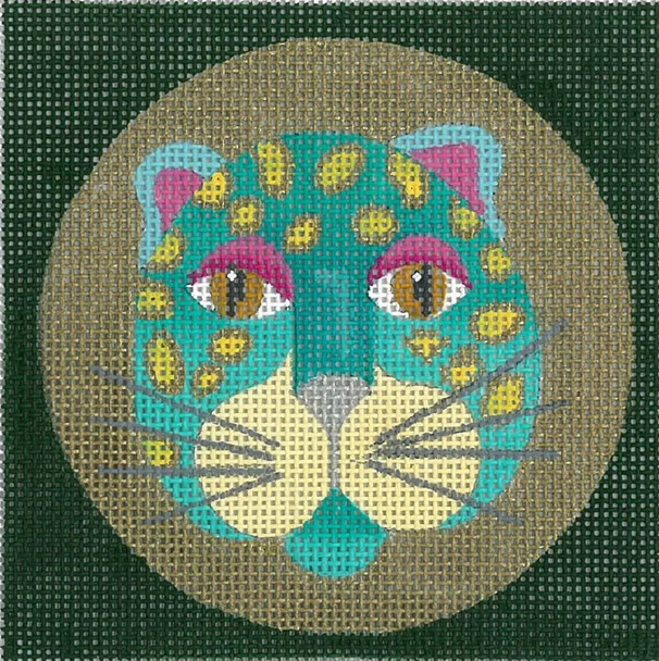 ED-1146A Leopard Coaster- Turquoise 18 Mesh , 4” x 4”, w/ stitch fiber guide Dede's Needleworks