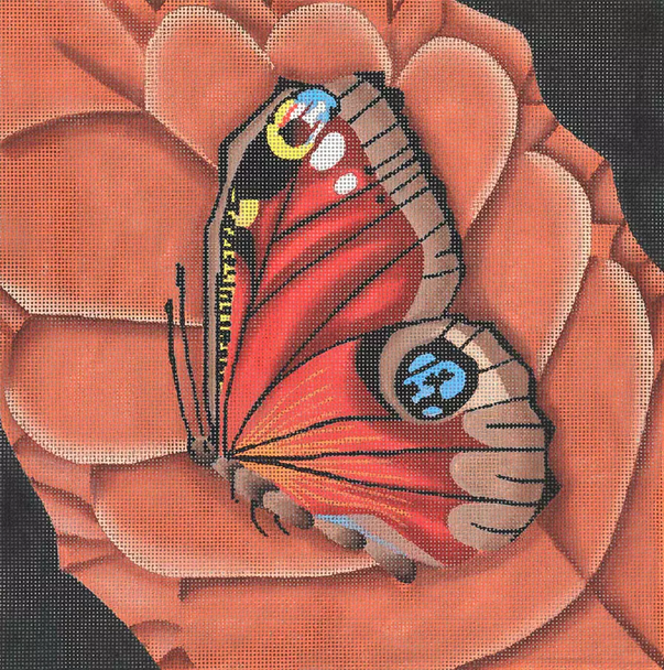 ED-1375 Giant Peacock Butterfly on Rusty Leaf 13” x 13” 13 Mesh Halloween Dede's Needleworks