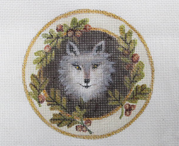 JG-196 Xmas Coaster Ornament- Wolf 4.75” Diameter 18 Mesh Janice Gaynor
