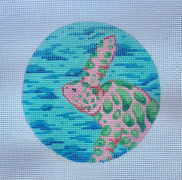27D – Pink & Green Turtle/ Aqua & Blue Waves- 4” round 18 Mesh MM Designs