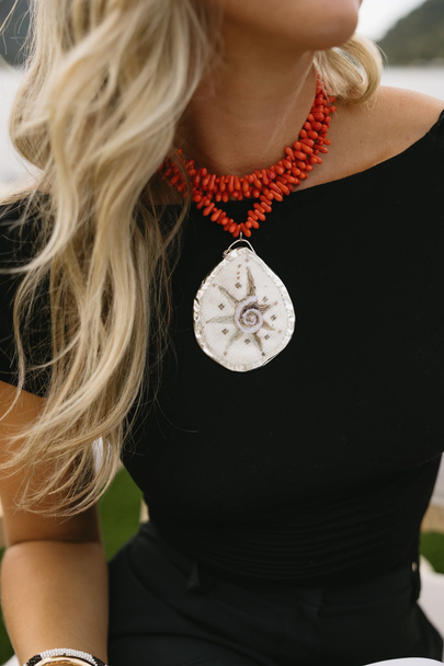 JW443 Seashell Charm 2.25 x 3 18 Mesh Shown Finished Colors of Praise