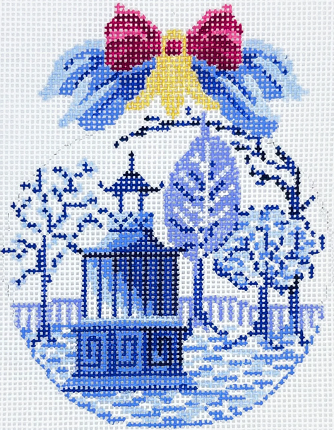 Christmas KAH54-18 Ice Blue Buds over Garden Folly 3.5"w x 4.75"h  18 Mesh Kelly Clark Needlepoint