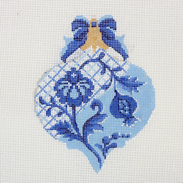 Christmas KAH55-18 Blue & White Trellis Teardrop 4"w x 5.4"h 18 Mesh Kelly Clark Needlepoint