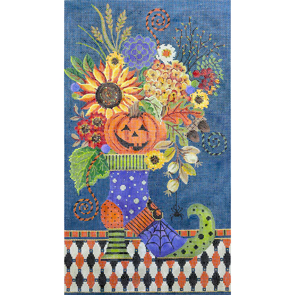 KCA55-18 Halloween Floral in Witches Boot Vase 8.25"w x 15"h 18 Mesh Kelly Clark Needlepoint