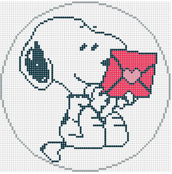 PEANUTS VALENTINE – SNOOPY READING VALENTINE 5" Round 18 Mesh Officially Needlepoint PNTS-VALENVELOPE