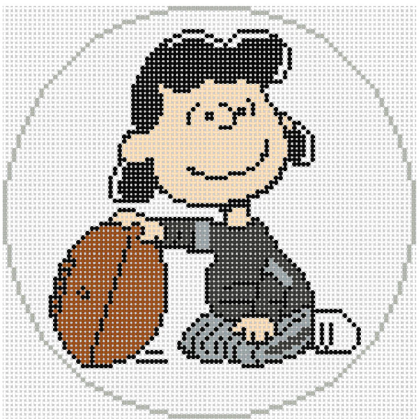 PEANUTS SPORTS - LUCY WITH FOOTBALL Greyscale 5" Round 18 Mesh Officially Needlepoint