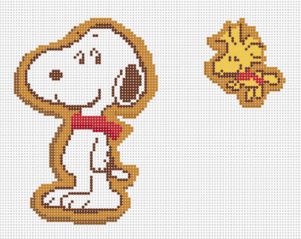PEANUTS - GINGERBREAD SNOOPY & WOODSTOCK COOKIES CANVAS Snoopy – 3" x 4.25" | Woodstock – 1.25" x 1.75" 18 Mesh Officially Needlepoint PNTS-GING05