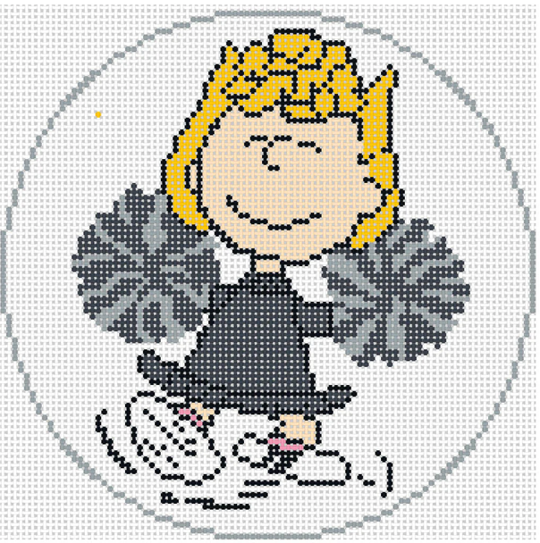 PEANUTS SPORTS - SALLY CHEERLEADER 5" Round Greyscale 18 Mesh Officially Needlepoint PEANUTS-CBC-8