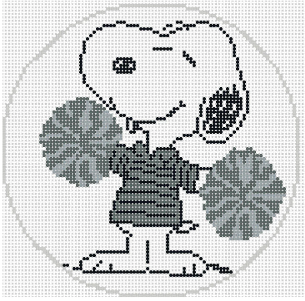 PEANUTS SPORTS - SNOOPY CHEER Greyscale 5" Round 18 Mesh Officially Needlepoint