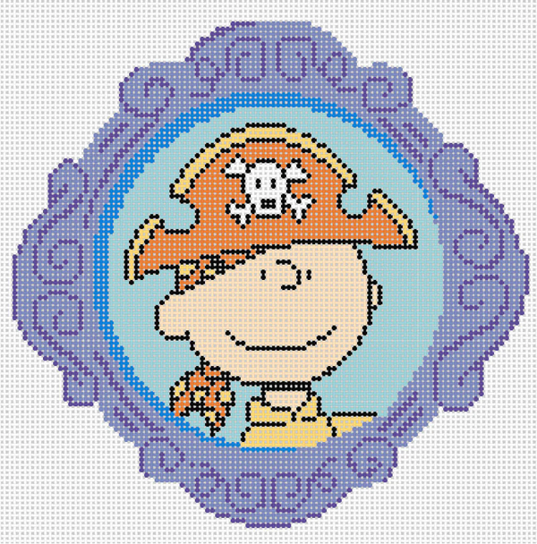PEANUTS HALLOWEEN - FRAMED CHARLIE BROWN AS PIRATE 5" x 5" 18 Mesh Officially Needlepoint PNTS-HALL08