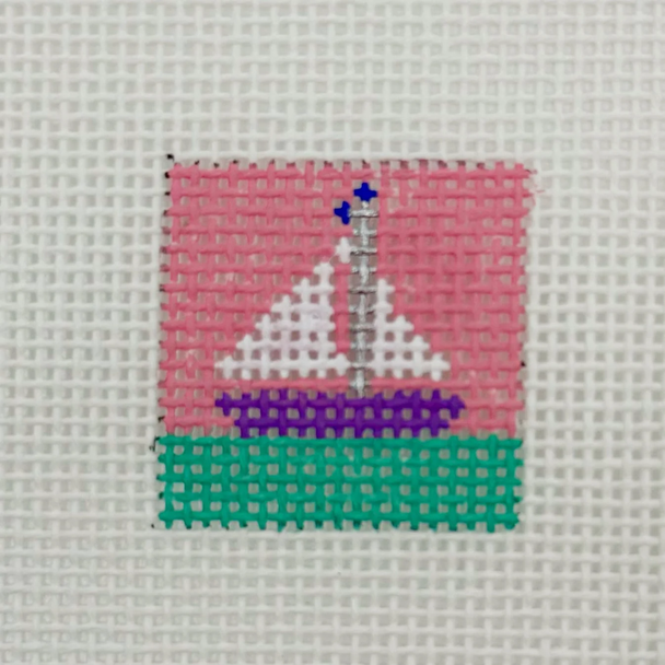 Sailboat Bag Tag - BW639JP-13 Design Size 1 1/2" Square on 13 Mesh Blue Waters Needlepoint