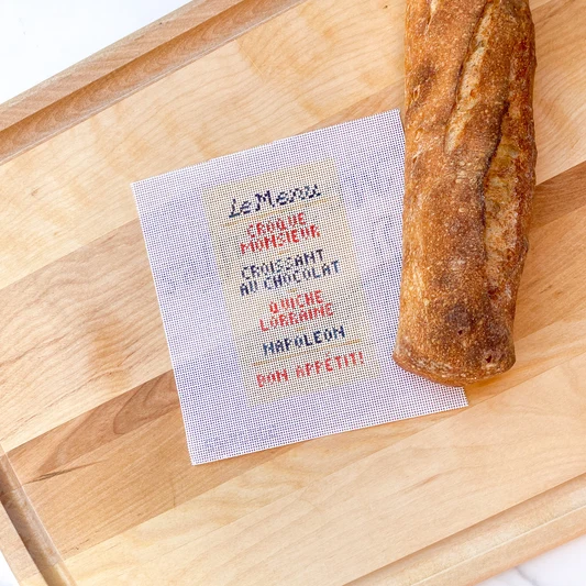 French Menu SSAE002: 4.75" x 3" on 18 count Alli Eagan Designs