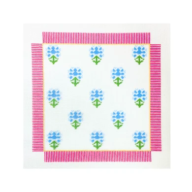 Block Print with Stripe Blue with Pink Stripe 11.75" x 11.75" 13 Mesh AF309 Anne Fisher Needlepoint, llc