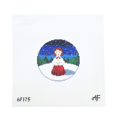 Girl Caroler AF175: Brown Hair: 4" Round 13 Mesh Anne Fisher Needlepoint, llc