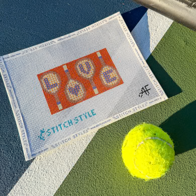 Tennis Racket Love AF413: Plum and Orange: 5" x 2.75" 13 Mesh Anne Fisher Needlepoint, llc.