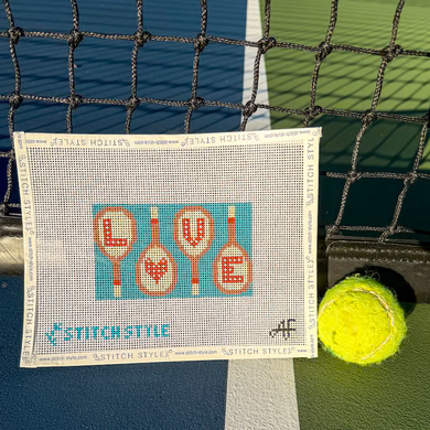Tennis Racket Love AF414: Rose and Blue 5" x 2.75" 13 Mesh Anne Fisher Needlepoint, llc.