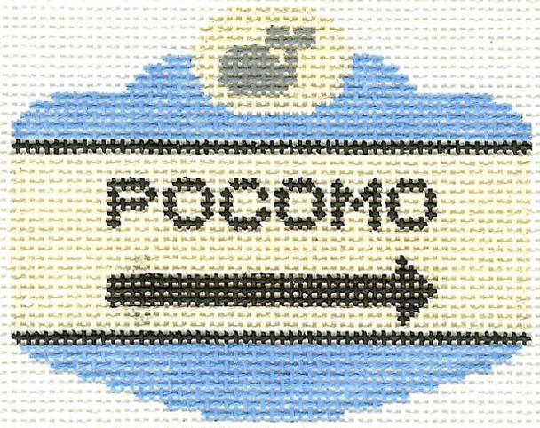 SN528 Pocomo Sign Ornament 2.5 x 3.5 18 Count Silver Needle Designs