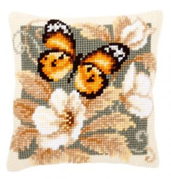 PNV146840 Vervaco Kit Black & Orange Butterfly Pillow 16" x 16"; Canvas