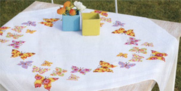 PNV146525 Vervaco Kit Butterflies Flapping Tablecloth 32" x 32"; Cotton