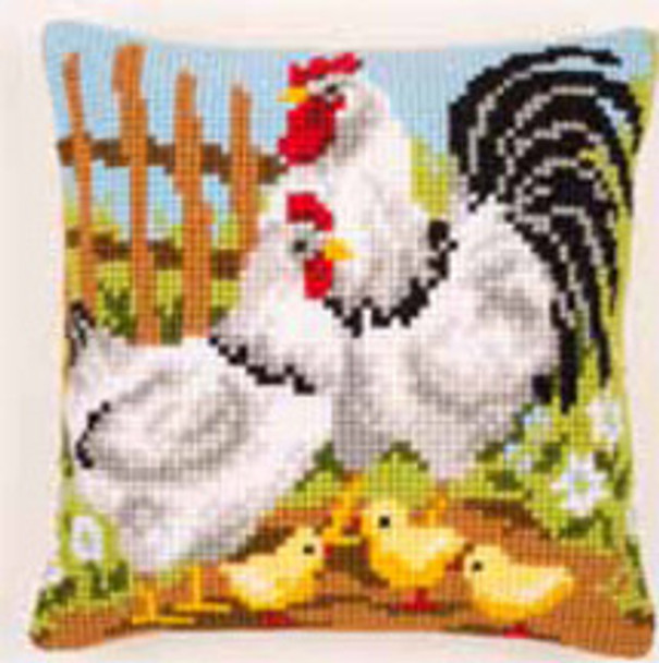 PNV146209 Vervaco Kit Chicken Family Cushion 16" x 16"; Canvas