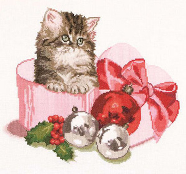 GOK731A Thea Gouverneur Kit Christmas Kitten 12" x 12"; Aida; 16ct