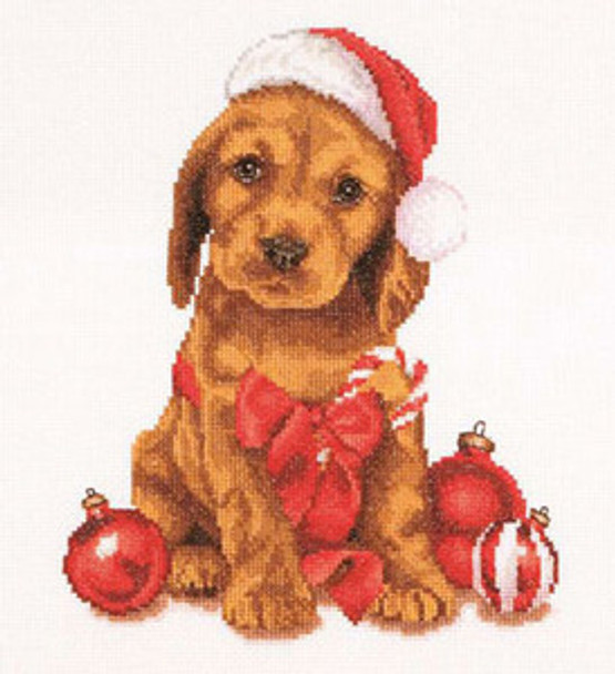 GOK730A Thea Gouverneur Kit Christmas Puppy 12" x 12"; Aida; 16ct