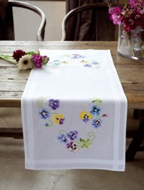 PNV145233 Vervaco Embroidery Kit Pretty Pansies Table Runner 16" x 40" 100% Cotton  Pre-Finished