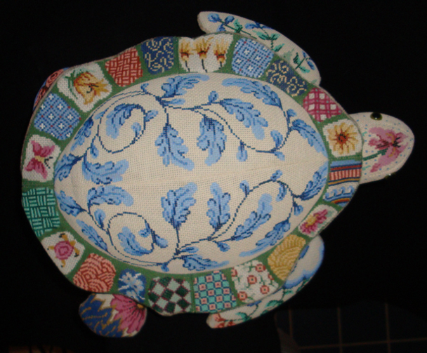 6201 3-D 3-D turtle, Oriental, "Debbie" 15 x 18 13 Mesh Patti Mann Shown Finished