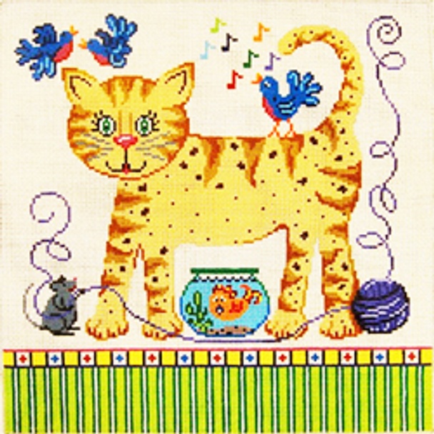 8387 PETS kitty w/ mice, birds. yarn & fish 12 x 12 13 Mesh Patti Mann 