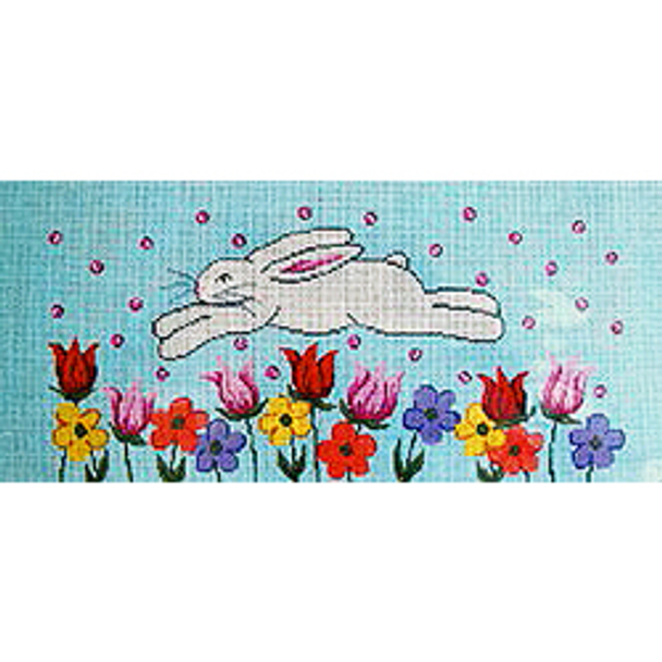 11304 EAS white bunny jumping in garden 07 x 15 18 Mesh Patti Mann