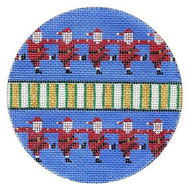 11464 MIN dancing Santas and stripes 4" diam 18 Mesh Patti Mann 