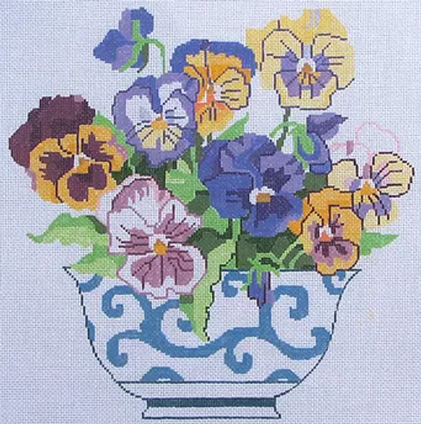 9a Jean Smith Designs Pansies In A Blue Bowl  14" Square  13 Mesh    