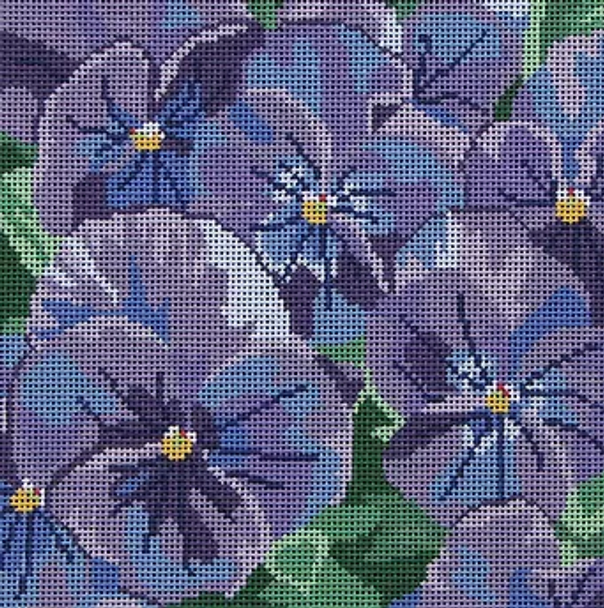 87b Jean Smith Designs SM. TRUE BLUE PANSIES, 8" sq., 13 mesh