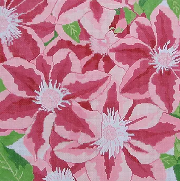 174a Jean Smith Designs PINK CLEMATIS, 14" sq., 13 mesh 