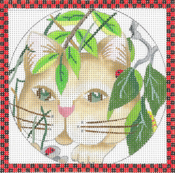 ED-17084C Cat Ornament with Border- Hunter 18g, 4.5” x 4.5” Dede's Needleworks