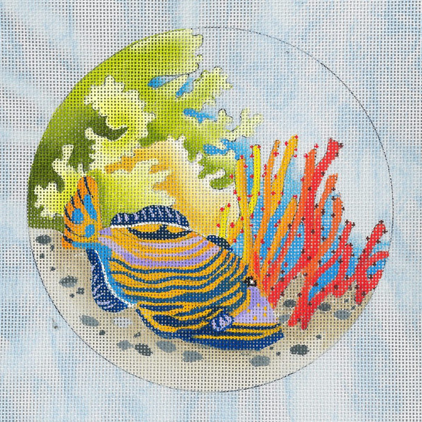 ED-17109 Dede's Needleworks  Porthole View – Triggerfish 18g, 6” dia, on vintage blue canvas