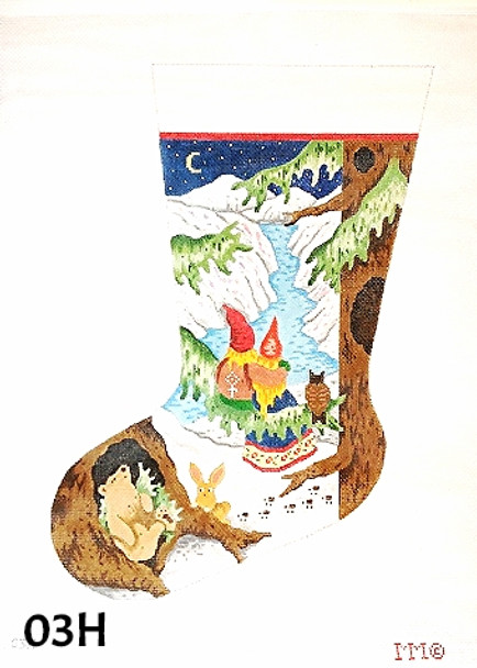 Stocking 03H Gnome Couple Sitting  on Fir Branch/ Night Snow Scene 14" x 23"  13 mesh  MM Designs