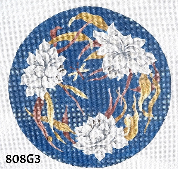 Pillow 808G3 White Lotus Blossums/ Blue Bkgd. - 10" Round on 13 mesh MM Designs