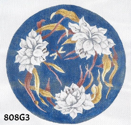 MM Designs Picture 808G3 White Lotus Blossums/Blue Bkgd 10" Round 13 Mesh
