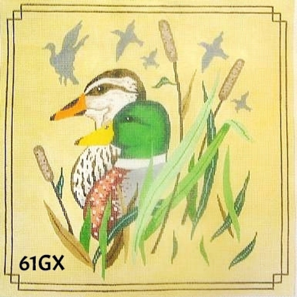 Pillow 61GX Male & Female Mallard Ducks/ Cattails - 14x14 on 13 mesh MM Designs