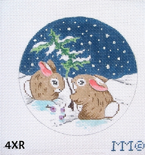 Christmas 4 1/2" Round 18 Mesh 4XR Two Brown Bunnies/ Fir Tree- Snow Scene MM Designs