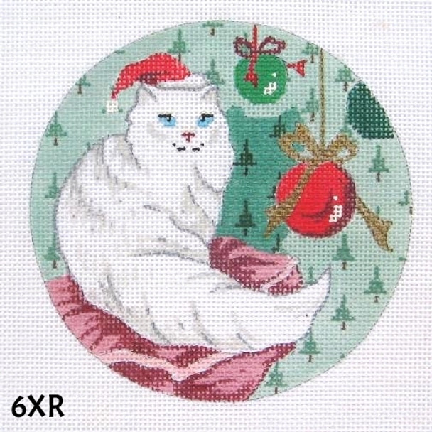 Christmas 4 1/2" Round 18 Mesh 6XR White Persian Cat & Ornaments MM Designs